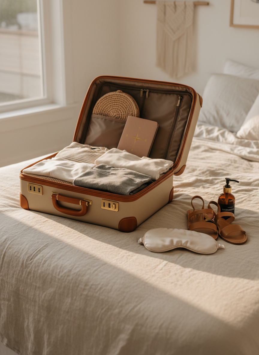 A refined travel packing scene laid out on a natural linen duvet in a sunlit bedroom. A structured, sand-colored carry-on suitcase with leather trim is open, revealing neatly folded neutral clothing, a woven straw pouch, and a slim, blush-toned travel notebook. Beside it rests a pair of minimalist leather sandals, a silk sleeping mask, and a small, refillable amber glass bottle labeled with clean typography. Late-afternoon golden light streams across the bed, creating warm highlights on the suitcase hardware and soft shadows in the linen’s creases. Photographed from a slightly elevated angle with a rule-of-thirds composition, the image has polished, photographic realism. The atmosphere feels anticipatory, organized, and aspirational, capturing the intersection of design, routine, and thoughtfully curated travel.