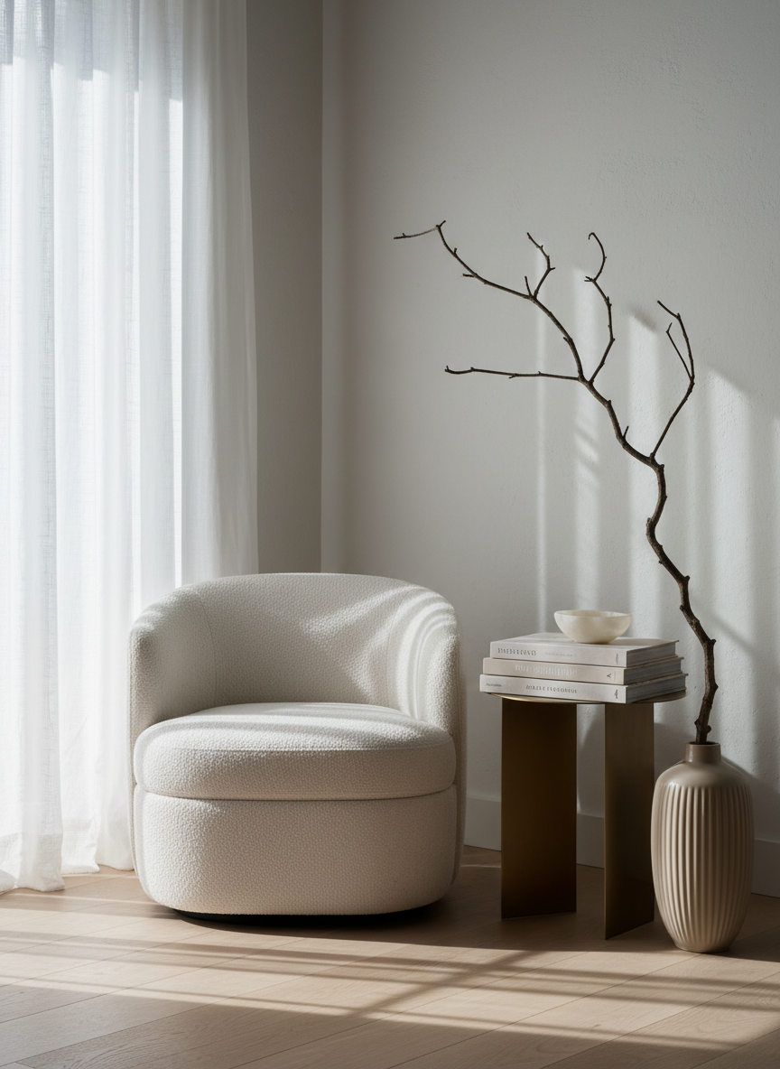 A serene corner vignette featuring a low, boucle-upholstered accent chair beside a slim, brushed-brass side table topped with a stack of neutral-toned design books and a small alabaster bowl. A ribbed ceramic vase holds a single sculptural branch, its silhouette sharp against an off-white, limewashed wall. Soft, diffused afternoon light filters through sheer curtains, casting delicate, elongated shadows across the pale oak floor. Shot at eye level with a centered but slightly off-set composition, the image has a clean, modern, photographic realism. The mood is quiet, elevated, and reflective, suggesting an elegant space for reading, planning, and savoring everyday rituals, perfectly aligned with a sophisticated lifestyle and design-focused daily blog.
